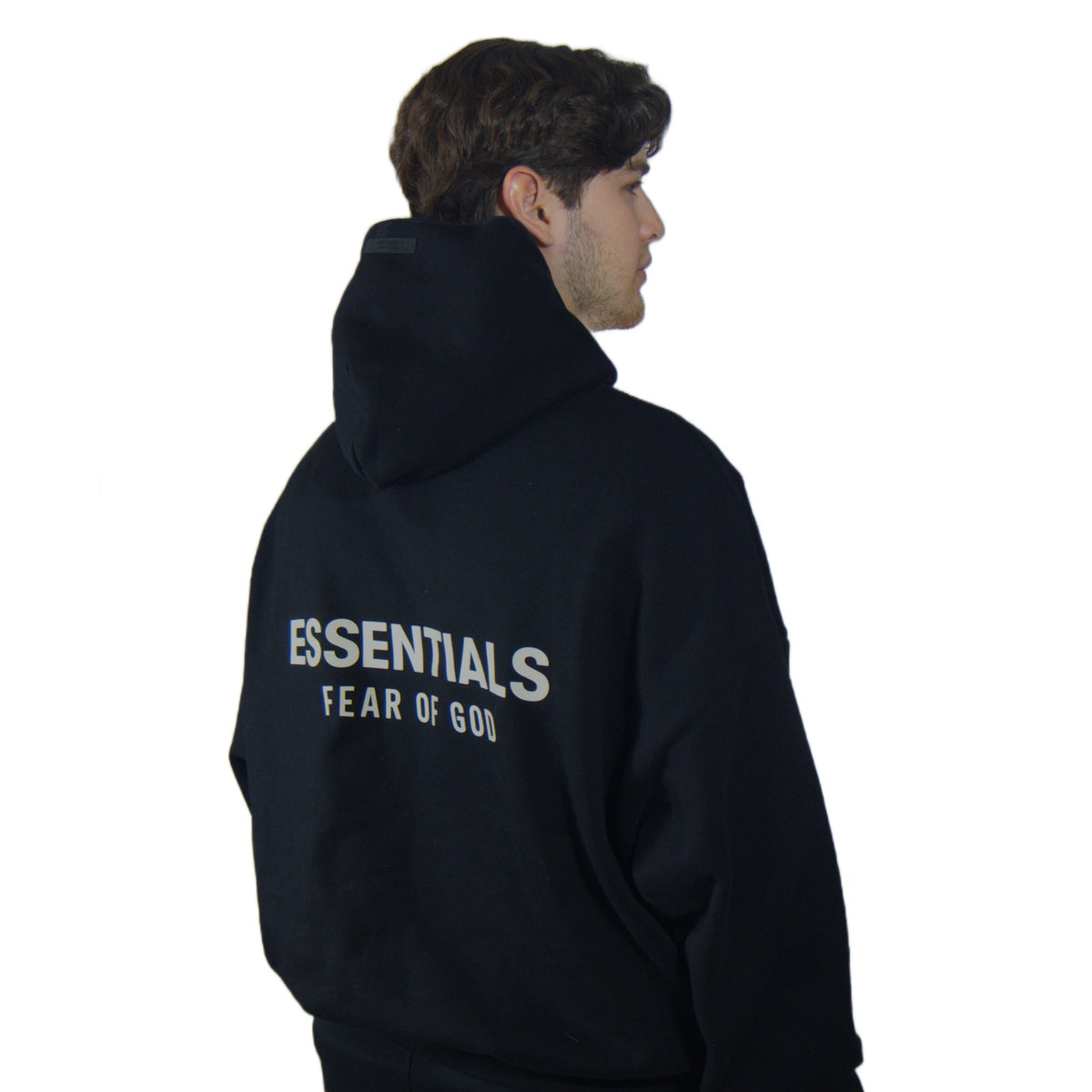 Hoodie Essentials S24 FOG Black modelo espalda lado